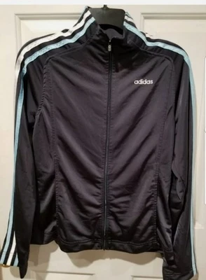 Chaqueta deportiva Adidas con cremallera completa para mujer gris con rayas azules blancas talla M Foto 1 de 4