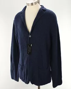 THE MENS STORE Navy Melange Notched Lapel Wool Button Cardigan Sweater LARGE NWT - Picture 1 of 2