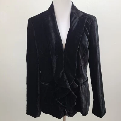 Jones Wear Velour Jacket Women 14 Black Long Sleeve Lined Hook N Eye Ruffle - Image 1 of 4