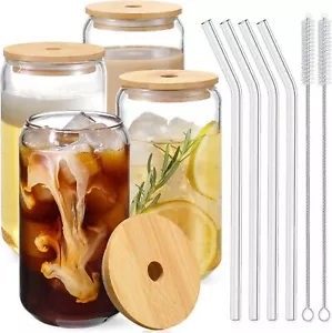 Drinking Glasses with Bamboo Lids and Glass Straw 4pcs Set - 16oz Glass Cups,... - Picture 1 of 7