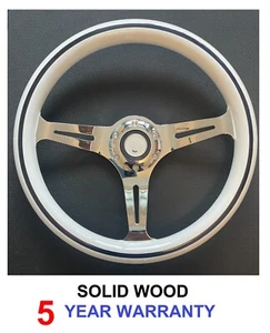 WHITE BLACK CLASSIC 3 SPOKE CHROME WOODEN WOODRIM WOOD CAR STEERING WHEEL 350MM - Picture 1 of 7