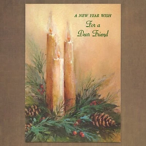 Tarjeta vintage sin usar sello UN DESEO DE AÑO NUEVO PARA UN QUERIDO AMIGO, velas navideñas - Imagen 1 de 6