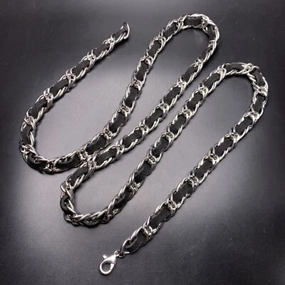 Woven Silver Tone Belt 41 Inch Faux Suede Black Link Chain - Image 1 of 4