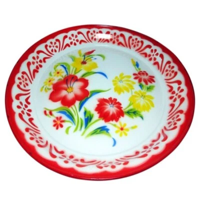Thai Vintage Traditional Flower Patterned Enamel  Serving Tray Decor Size 14" - Image 1 of 3