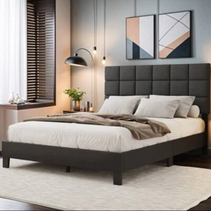 KING Size Upholstered Platform Bed Frame Tufted Fabric Headboard Modern Style - Picture 1 of 7