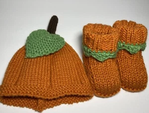 Baby Knit Orange and Green Pumpkin Hat and Booties Knitted Photo Prop 0-6M Fall - Picture 1 of 7