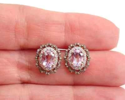 Серьги-гвоздики красивые овальные созданные в лаборатории сапфир 14 карат покрытие розовым золотом 2 карата - Изображение 1 из 4