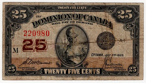 1923 DOMINION OF CANADA 25 CENT BANKNOTE SHINPLASTER MCCAVOUR 220980 NICE BILL Cover