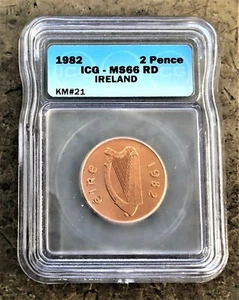 IRELAND (HARP) BEAUTIFUL 2 PENCE of 1982 KM # 21 SLAB GRADED by ICG as MS 66 RD - Picture 1 of 2