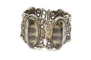 Pulsera Vintage Tono Plata Rayas Cabujón Etrusco 7.5" - Imagen 1 de 8