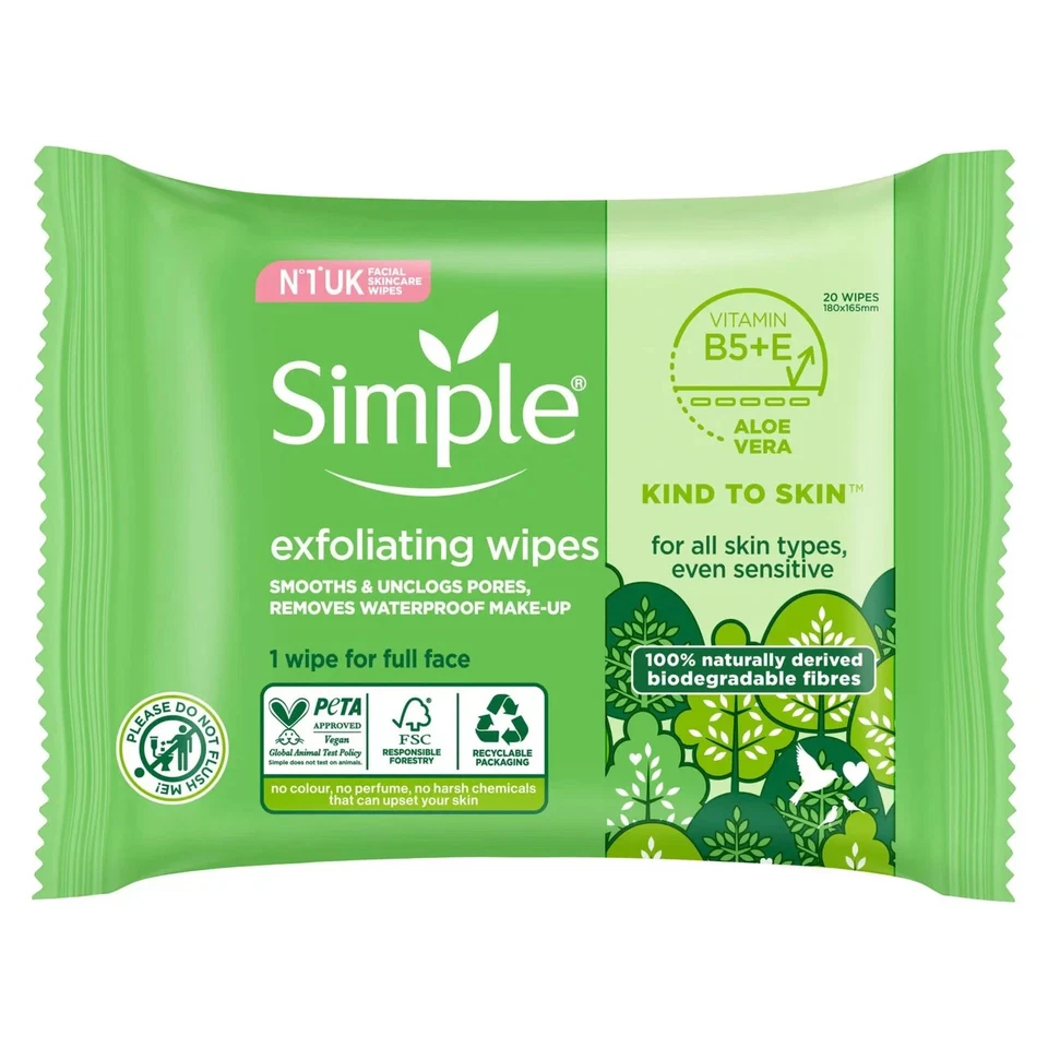 Simple Biodegradable Exfoliating Wipes 20 wipes, Kind To Skin, For Ali skin Type - Image 1 of 4
