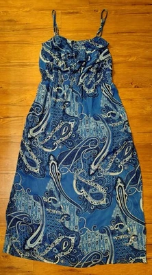 Maxi Vestido Estampado Paisley Azul Gloria Desteñido Talla 2XL Totalmente Forrado Volantes Fluido Foto 1 de 4