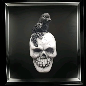 Gothic Halloween Black Glitter Raven With Black Roses On Skull New - Picture 1 of 5