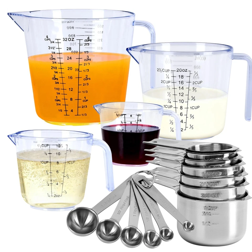 7x Stainless Steel Measuring Cups with 6x Measure Spoons Set,4x Plastic liqui... - Image 1 of 4