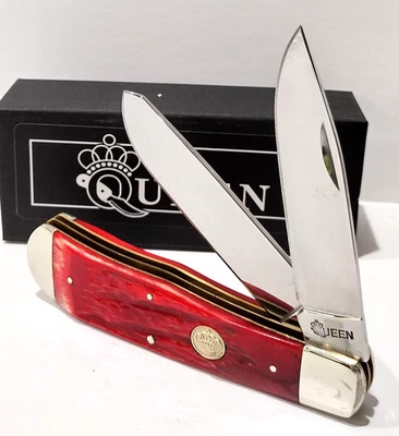 Queen USA Big Boy 1065 Carbon Steel 2 Blade Trapper Red Jigged Bone Pocket Knife - Image 1 of 4