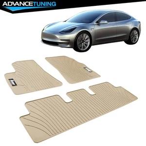 Fits 17-23 Tesla Model 3 Custom Fit Latex Rubber Auto Floor Mat Liner Beige 3PCS - Picture 1 of 9