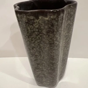 MCM Art Pottery Cylinder Vase Green Gray Drip Glaze Ruffle Top 8”T - Picture 1 of 13