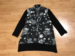 Ming Wang Cardigan Womens XS Black Gray Floral Lightweight Button Front Knit Tri - Picture 1 of 14