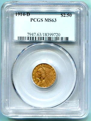 1914-D $2.5 INDIAN Quarter Eagle PCGS MS63 Better Date Older Holder NO spots - Image 1 of 4