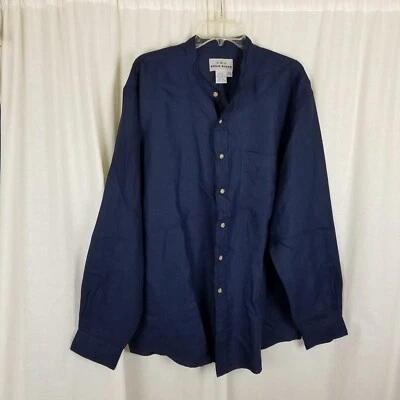 Vintage AKA Eddie Bauer Dark Blue Button Up Linen Shirt Poets Collar Mens XL - Image 1 of 4