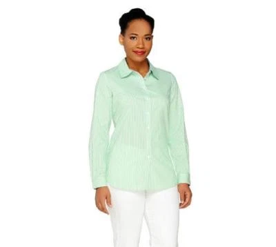 Camisa Susan Graver Talla 10 Verde Rayas Algodón Elástico Popelina Botón Delantero Foto 1 de 4