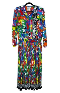 Vintage Diane Freis buntes Plissee Kleid 1X Midi Art to Wear Langarm 80er - Bild 1 von 15