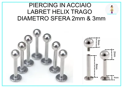 Piercing Labbra Labret Acciaio Helix Trago Lobo - Immagine 1 di 4