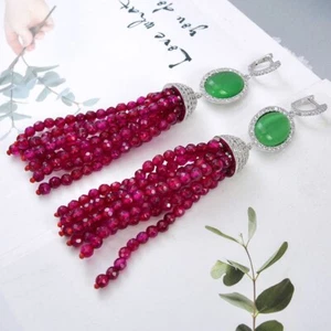 Green Jade Crystal Red Agate Earrings CZ Fitting Earrings For Women - Picture 1 of 6