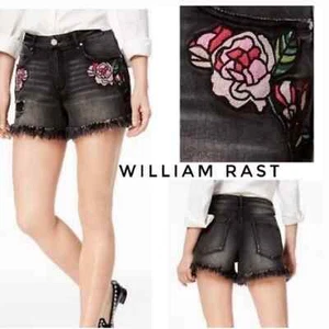 William Rast Perfect Black Floral Embroidered Frayed Denim Shorts Size 18W - Picture 1 of 12
