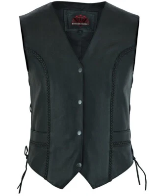 Motorcycle Leather Vest for Women with Side Laces With Concealed Pockets Black - Image 1 of 4