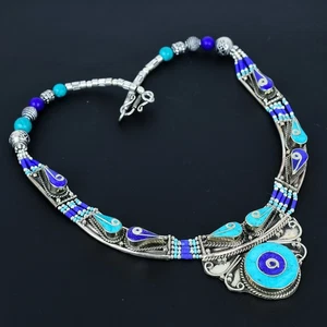 Lapis Lazuli Turquoise Ethnic 925 Sterling Silver Tibetan Nepali Necklace 18" n2 - Picture 1 of 9