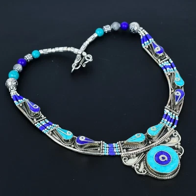 Lapis Lazuli Turquoise Ethnic 925 Sterling Silver Tibetan Nepali Necklace 18" n2 - Image 1 of 4