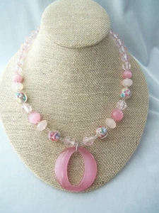 Vintage Pink Tiger's Eye Art Glass & Lucite mixed Bead Pendant Necklace - Picture 1 of 5