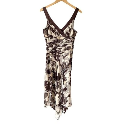 Y2K 100% Silk Dress Brown Floral Ruffle Ruched Fairycore 90s Vintage Donna Ricco Foto 1 de 4