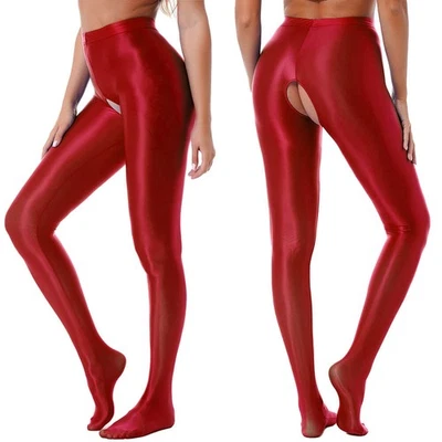 Womens Stretch Shiny Wet Look Pantyhose Satin Glossy Stockings Crotchless Tights - Image 1 of 4