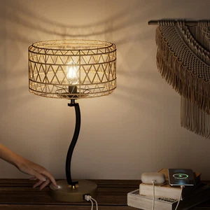 Boho Dimmable Desk Lamp Touch Control Table Lamp Bedside USB Charging Port Brown - Picture 1 of 8