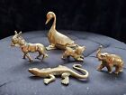 Collection Of 5 Brass Animals 652g Duck Donkey Cat Elephant Lizard