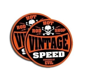 Vintage Speed - Powered By Evil - Hot Rod Shop- Sticker Orange ** 2 PACK **  764 - Picture 1 of 1