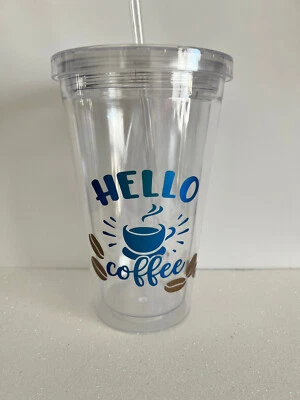 Hello Coffee Beans GLossy Glitter Vinyl 16oz Acrylic Custom Tumbler - Image 1 of 3