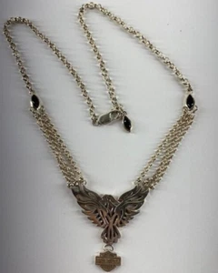 Harley-Davidson Women's Wing Bar & Shield Black Stone Necklace Sterling Silver - Picture 1 of 15