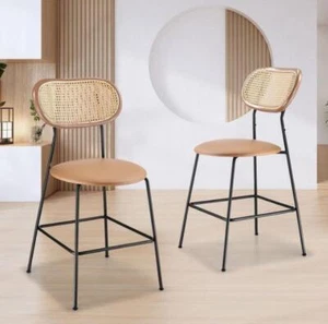 2x Luxsuite Bar Stool Counter Stools Rattan Back Dining Chair Indoor Faux Leathe - Picture 1 of 6