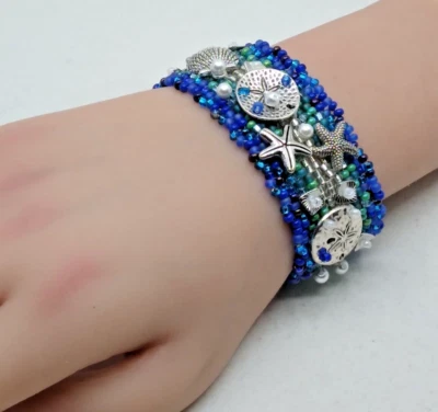 Beaded/Embellished Bracelet!-"Sea Life"-Crystal and Silver-PERLEJEUX (R)--NEW! - Image 1 of 4