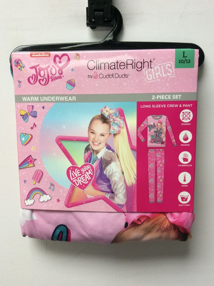 Jojo Siwa Climate Right Cuddl Duds Girls Warm Underwear 2 Piece Size L 10/12
