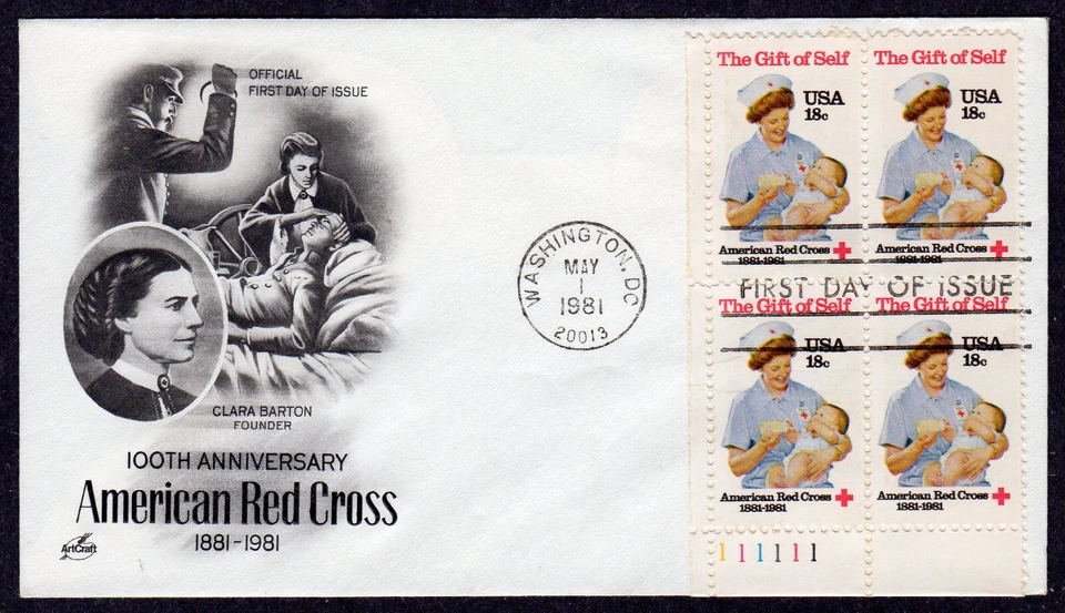 1981 American Red Cross 100th & Nursing - Artcraft Plate Block FDC NW938 - Image 1 of 1