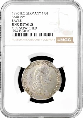 Saxony 1/3 thaler 1790 IEC, NGC UNC Det., "Frederick Augustus (1763 - 1806)" - Image 1 of 2
