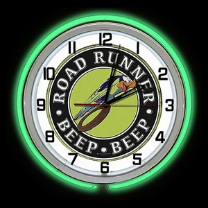 19" Plymouth Road Runner BEEP BEEP Double Neon Uhr Grün Neon Verchromt - Bild 1 von 2