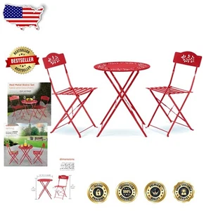 Durable Red Folding Bistro Set - 3-Piece Metal Table and Chairs for Patio Dining - Picture 1 of 11