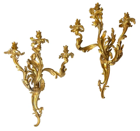 Pair Large Louis XV Rococo Style Gilt Bronze Sconces -- 30 inches! Cover