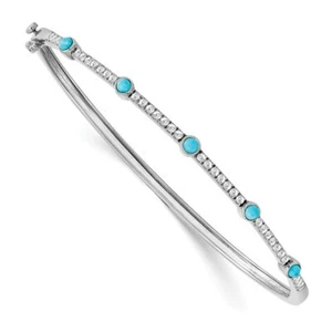 14k White Gold Natural Round Natural Turquoise December White Topaz Fine Bangle - Picture 1 of 4