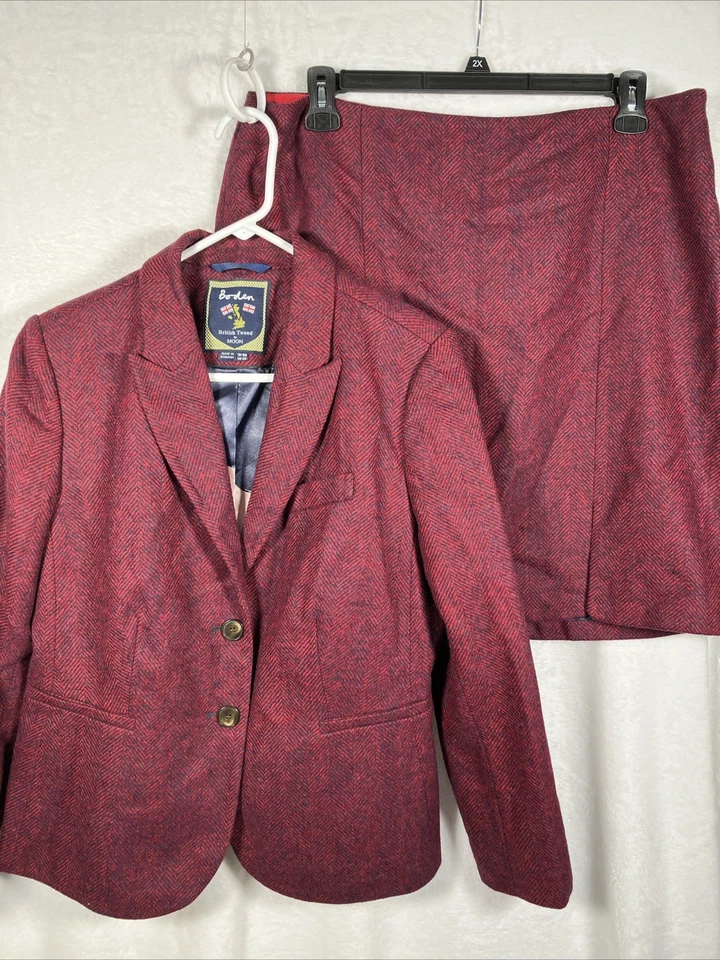 Conjunto Blazer Falda Traje Lana Tweed Británico Boden Talla 16 Rojo Espiga Vacaciones Foto 1 de 4